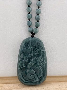 Intricately Carved Dragon and Horse Jade Statement Necklace